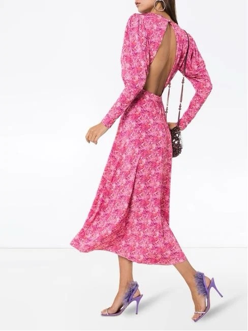 Farfetch Rotate Number 57 Pink Floral Open Back Puff Long Sleeve Midi Dress L